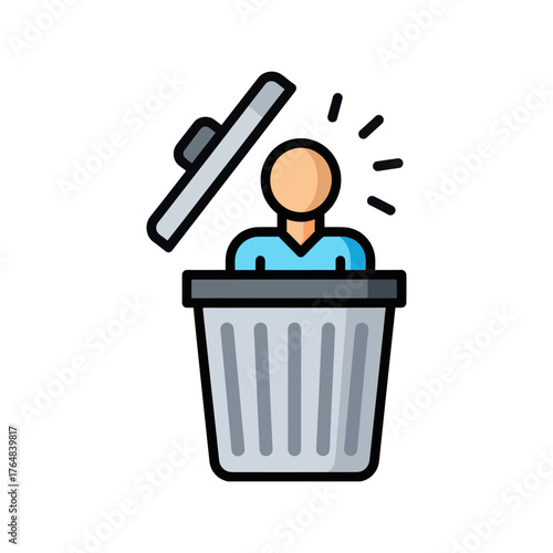 Stylized illustration of a person sitting in an open trash can with radiating lines