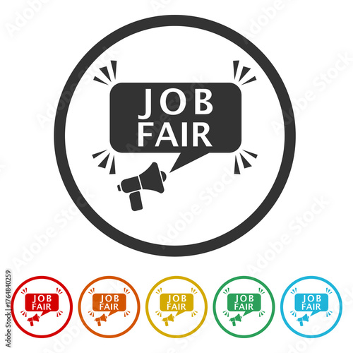 Job fair sign. Set icons in color circle buttons