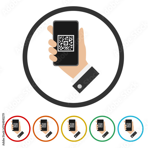 QR code scanning in smartphone screen icon. Set icons in color circle buttons