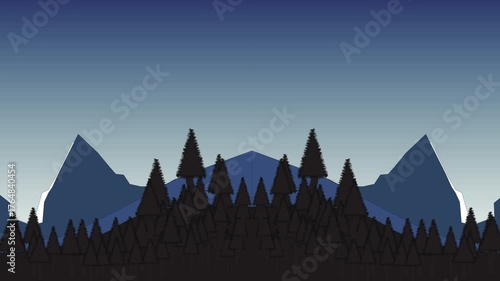 Mountain landscape with mountains. seemless loop 2D mountain landscape animation with snowy peaks and pine trees against a dark blue sky. Ideal for game backgrounds, motion graphics, and animated outd