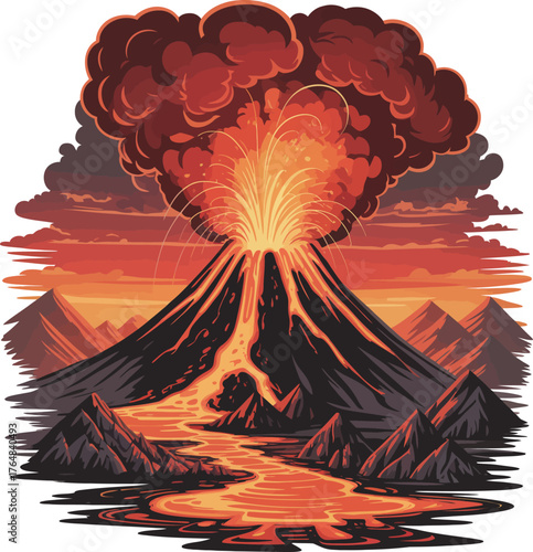 Exploding volcano with molten lava flowing down dark slopes and ash cloud eruption magma