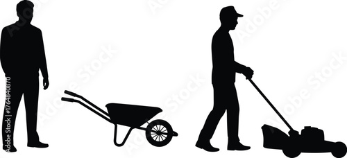 Silhouette of person pushing lawn mower with wheelbarrow and standing figure, black vector illustration for outdoor work and labor concept