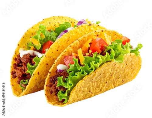 Three crunchy tacos, filled with seasoned beef, lettuce, cheese, tomato, onion, and sour cream on a black background