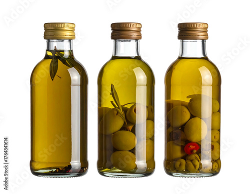 Three glass bottles filled with olive oil and different spices against a dark background