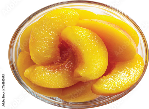 a glass bowl of fresh, delicious peach slices. the peaches in the dish have bright yellow skin with a glossy texture. they are neatly arranged