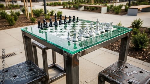 Wallpaper Mural Outdoor Chess Set with Circuit Board Glass Top and Industrial Metal Stools Torontodigital.ca