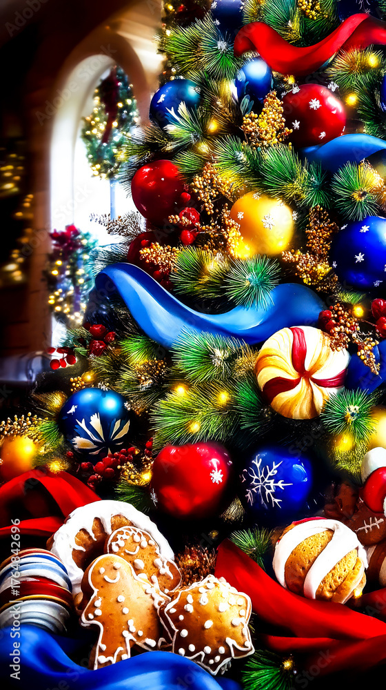 Fototapeta premium A festively decorated Christmas tree is adorned with colorful baubles, ribbons, and gingerbread cookies near the bottom branches.