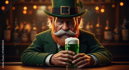 Leprechaun's Brew: A whimsical leprechaun, resplendent in emerald attire, holds aloft a frothy glass of vibrant green brew within a cozy pub setting, embodying the spirit of celebration and cheer.