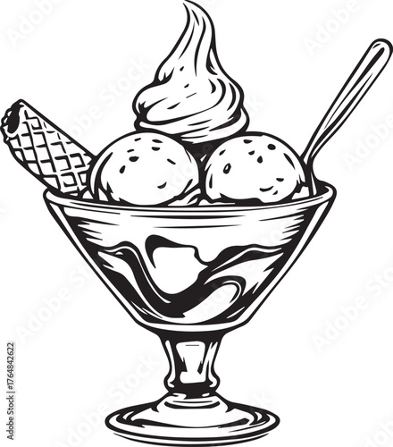 Ice cream sundae illustration — black and white stylized dessert with scoops, whipped topping, wafer stick, and spoon