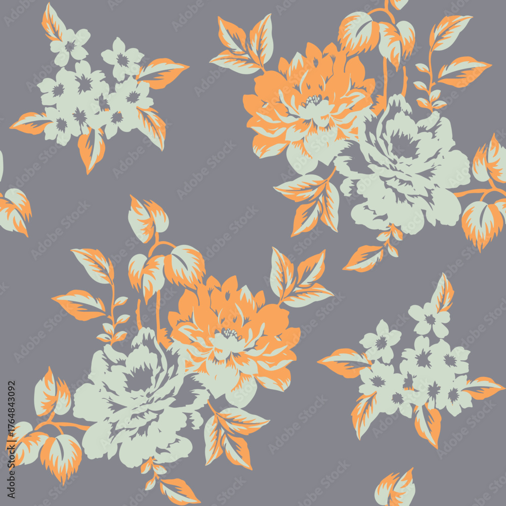 Obraz premium Seamless floral pattern, classic flower ornament, abstract ditsy print in vintage motif. Elegant botanical design of beautiful large wild flowers, leaves, small branches, herbs. Vector illustration. 