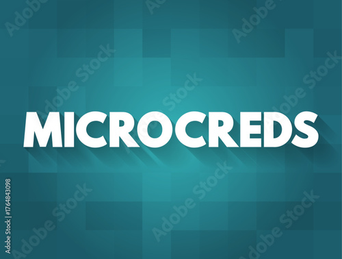 MICROCREDS text in bold capital letters on background. Concept for microcredentials, education, online learning, skills recognition, and digital certification
