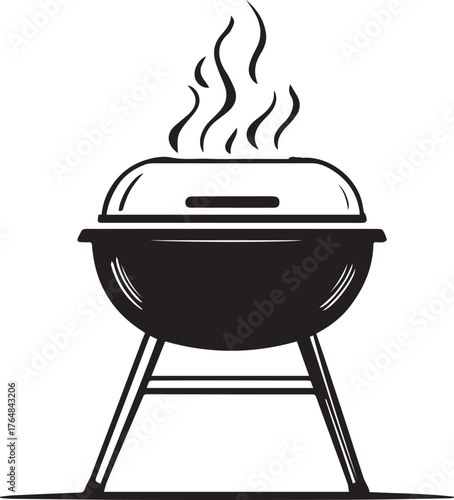 Charcoal grill illustration — black and white stylized outdoor barbecue with steam for cooking, picnic, and summer themes
