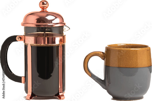 a photo of an elegant french press coffee maker made from polished copper with black trim. next to it is a mug of the same size in a glossy dark grey
