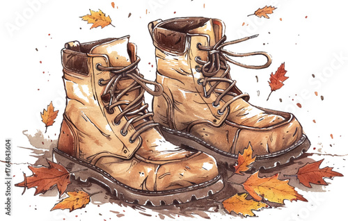 a pair of worn leather boots with laces, one boot resting on the ground and the other standing upright beside it, surrounded by autumn leaves