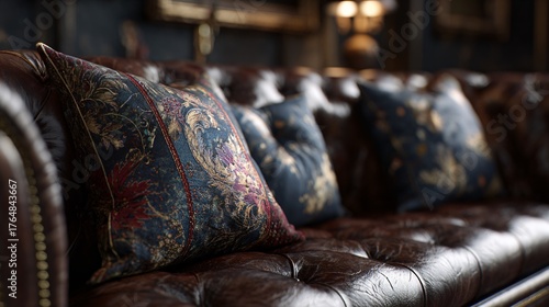 Italian leather sofa with Japanese throw pillows, moody interior