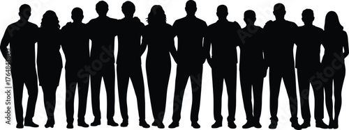 Silhouette, people, group, diversity, unity, teamwork, community, crowd, standing, row, anonymous, together, collective, human, society, equality, cooperation, solidarity,