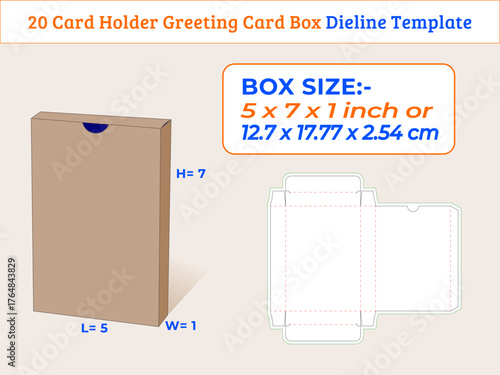 Vector art of 20 card holder greeting card box dieline template, showcasing dimensions and layout for design