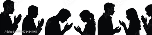Silhouette people praying, group worship unity, spiritual meditation, religious ritual, cultural tradition, community faith gathering, devotion, spirituality, sacred ceremony,