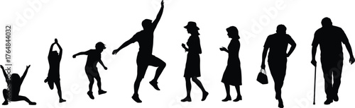 Silhouette, human life stages, childhood to old age, growth, development, aging, people evolution, generational concept, walking, family, education, healthcare, lifestyle