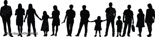 Silhouette group of people standing together, family and community diversity, adults and children holding hands, social unity concept, demographic illustration, teamwork support, generational bond
