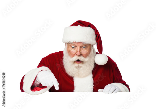 Elderly santa claus, red suit, fur, gloves, gold glasses, wide eyes, o-mouth, pointing, extreme shock, white surface, transparent background, ultra-photorealistic festive surprise