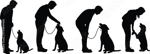 Dog training silhouette sequence, person with dog interaction, obedience practice, pet bonding illustration, leash command teaching, animal behavior concept, human canine relationship, vector design