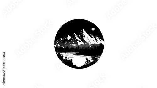 Minimalist black and white mountain landscape illustration with reflective lake, forest, and moon in a circular design, nature icon