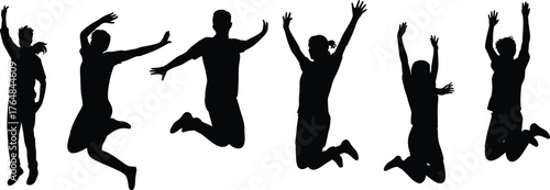 Jumping silhouette people, energetic human poses, athletic dance movement, fitness exercise action, dynamic body motion, black figure illustration, active lifestyle concept,