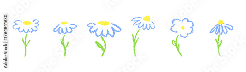 Cheerful flora vector set with chamomile and chrysanthemum symbols, drawn in crayon, chalk, and wax. Small petal and grass shapes create a beautiful aesthetic design for paper, logos or kindergarten.
