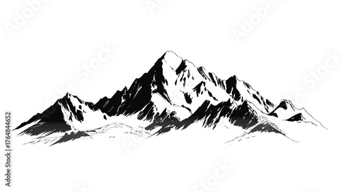 Rugged mountain range illustration in black and white with snow-capped peaks. Hand-drawn ink style artwork for nature, adventure, and landscape designs.