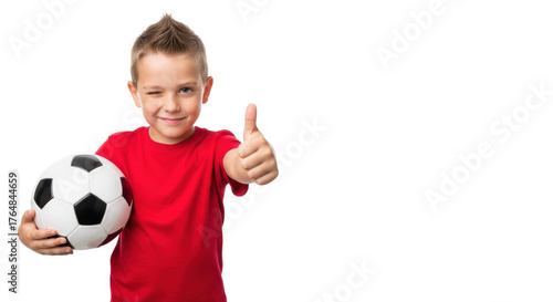 A young caucasian boy, 7-9, in a red t-shirt, winking, giving thumbs-up, holding a soccer ball against a bright white studio background, pure joy and confidence in sports