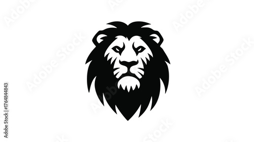 Majestic black and white lion head illustration, strong wild animal symbol, isolated vector graphic icon concept.