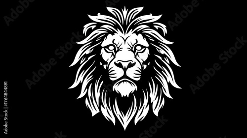 Majestic lion head illustration in black and white, depicting power, strength, and wild elegance. Detailed vector graphic design.