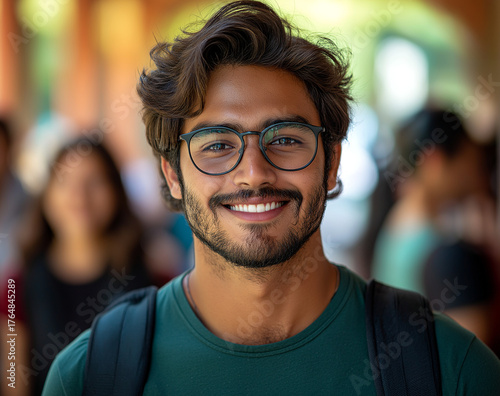 A young student with glasses smiling in a crowded environment