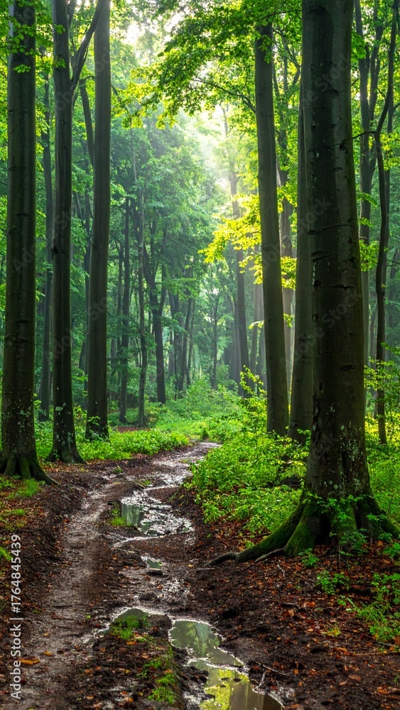 Obraz premium Forest with patches of bare soil between tree trunks after recent light rain in early summer morning