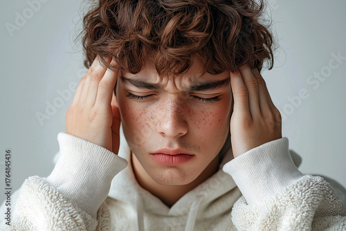 Young man with hands on temples, eyes closed in pain