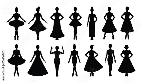 Elegant Female Fashion Silhouettes Collection, Stylish Women in Various Outfits vector design