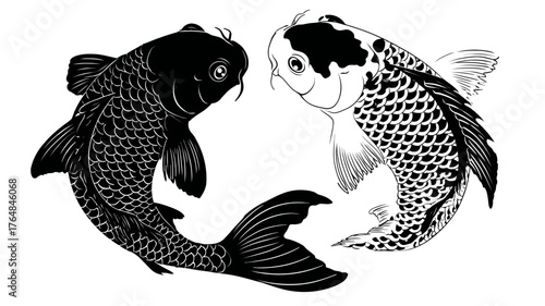 Elegant Yin Yang Koi Fish Illustration. Black and white stylized vector art depicting balance, harmony, and duality in Japanese style.