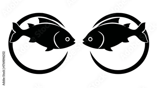 Two black fish silhouettes facing each other in a clean, minimalist graphic design. Simple aquatic animal icon or logo element.