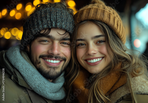 A smiling couple wearing winter hats and scarves
