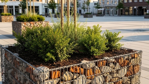 Urban Greenery in Gabion Planter Boxes with Natural Stone and Brick Fill