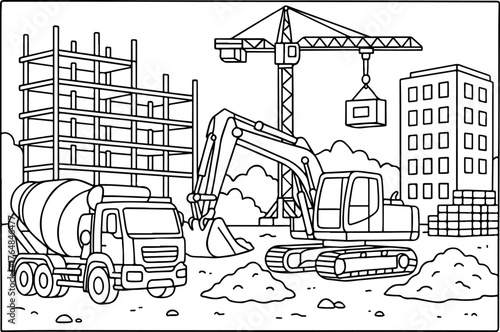 hand drawn vector doodle illustration of detailed construction coloring page for kids line art