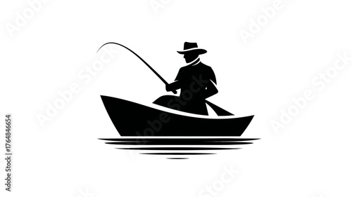 Silhouette illustration of a fisherman in a hat on a boat with a fishing rod, casting lines in water, outdoor recreation activity