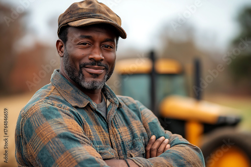 Man in a flannel shirt with a tractor in the background