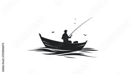 Monochromatic silhouette of a fisherman in a boat on calm water, casting a line with flying birds. Ideal for vintage leisure concepts.