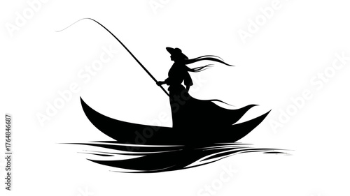 Serene black silhouette of a woman fishing from a crescent boat on water, elegant minimalist graphic design illustration.