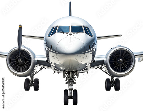 Aircraft facing front, shiny silver, with detailed engines and cockpit view, isolated on solid black background