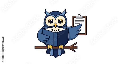 Cute cartoon owl reading a book on a branch with a clipboard.