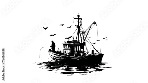 Vintage style ink illustration of a traditional fishing boat with a solitary fisherman and seagulls on the water, black and white sketch.