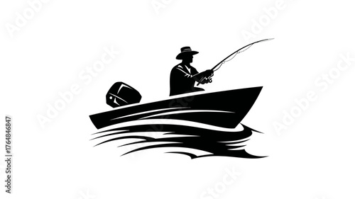 Vector silhouette of an angler fishing from a small motorboat on the water, depicting outdoor recreation and hobby.